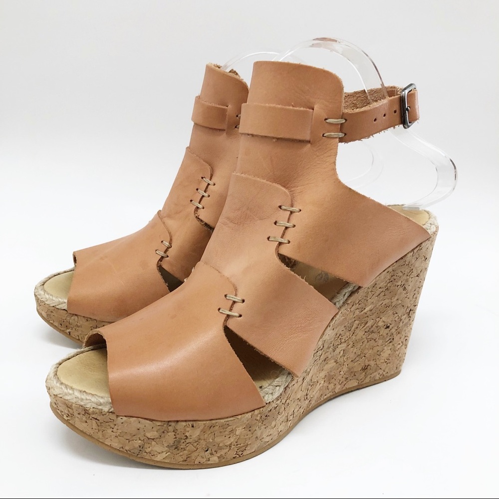 Free People Tan Leather Platform Wedge Ankle Strap